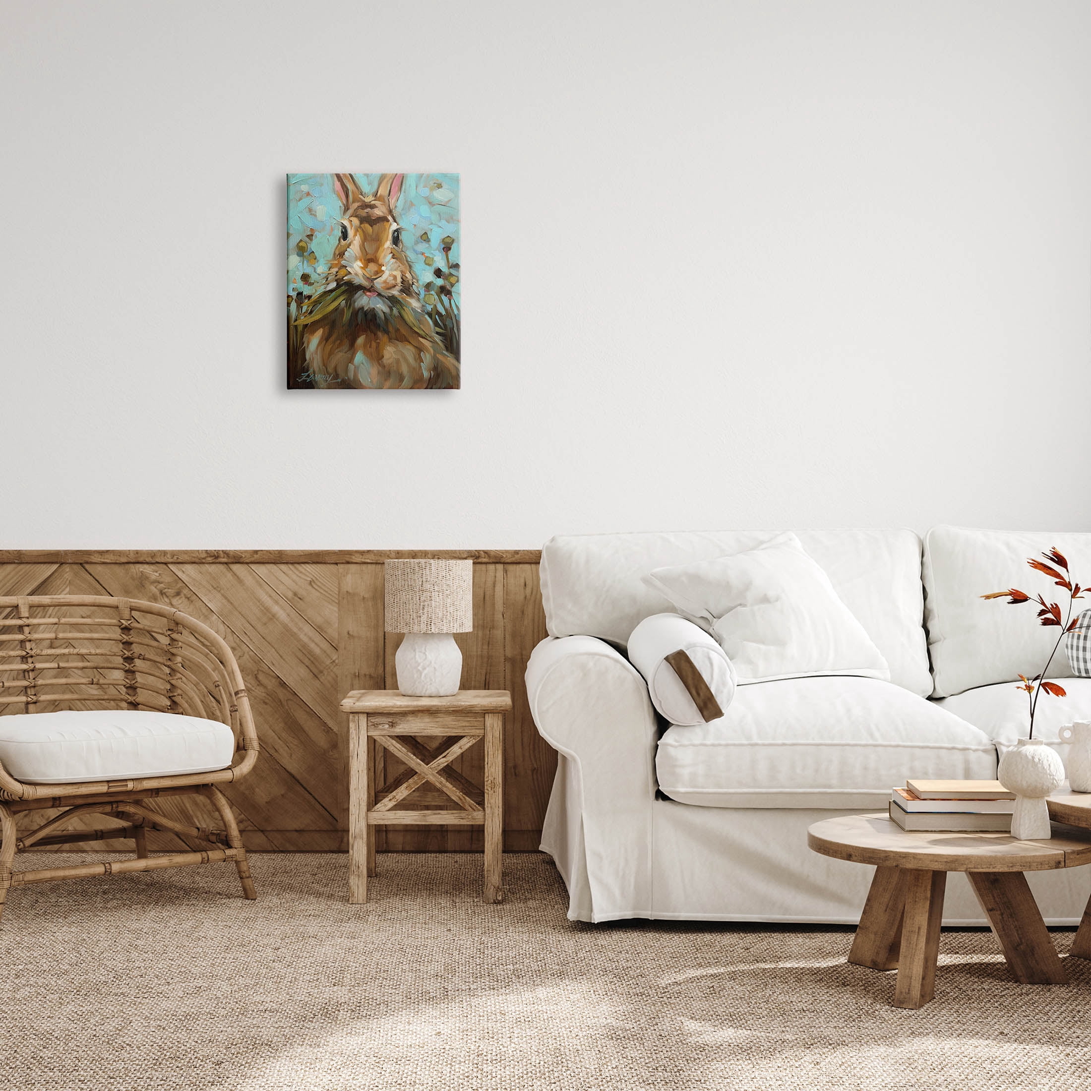 Wildlife Rabbit Eating Grass Animals & Insects Painting Gallery Wrapped Canvas Print Wall Art