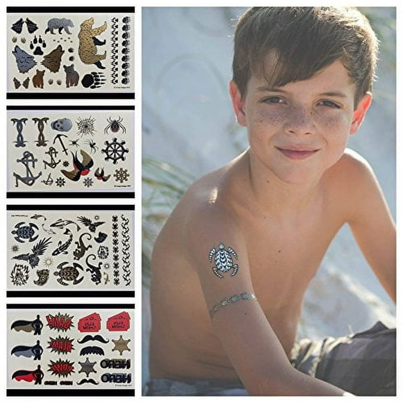 Twink Designs Temporary Tattoos for Boys and Girls | 77 Tattoos on 4 Sheets | Fun Metallic Tattoos for Kids | Black Silver Red & Gold Tattoo Bears Wolves Turtles Lizards Spiders Birds and More