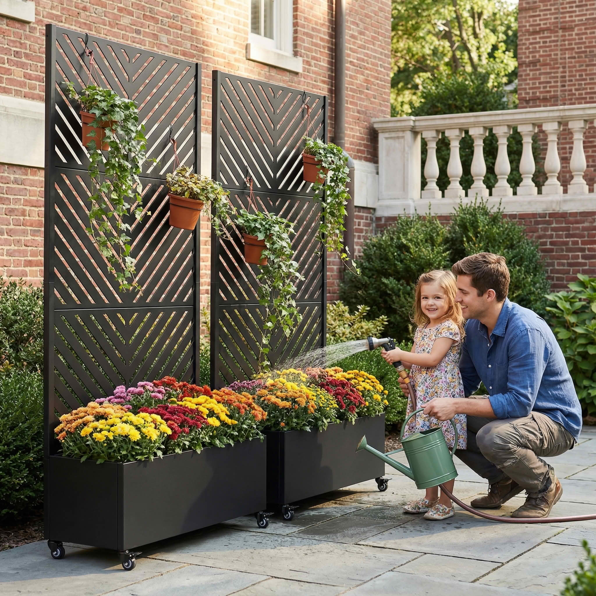 MAYEERTY 72X35" Metal Outdoor Black Privacy Screen with Planter Box for Backyard & Garden, 3 Piece Set, Double‑sided Installation