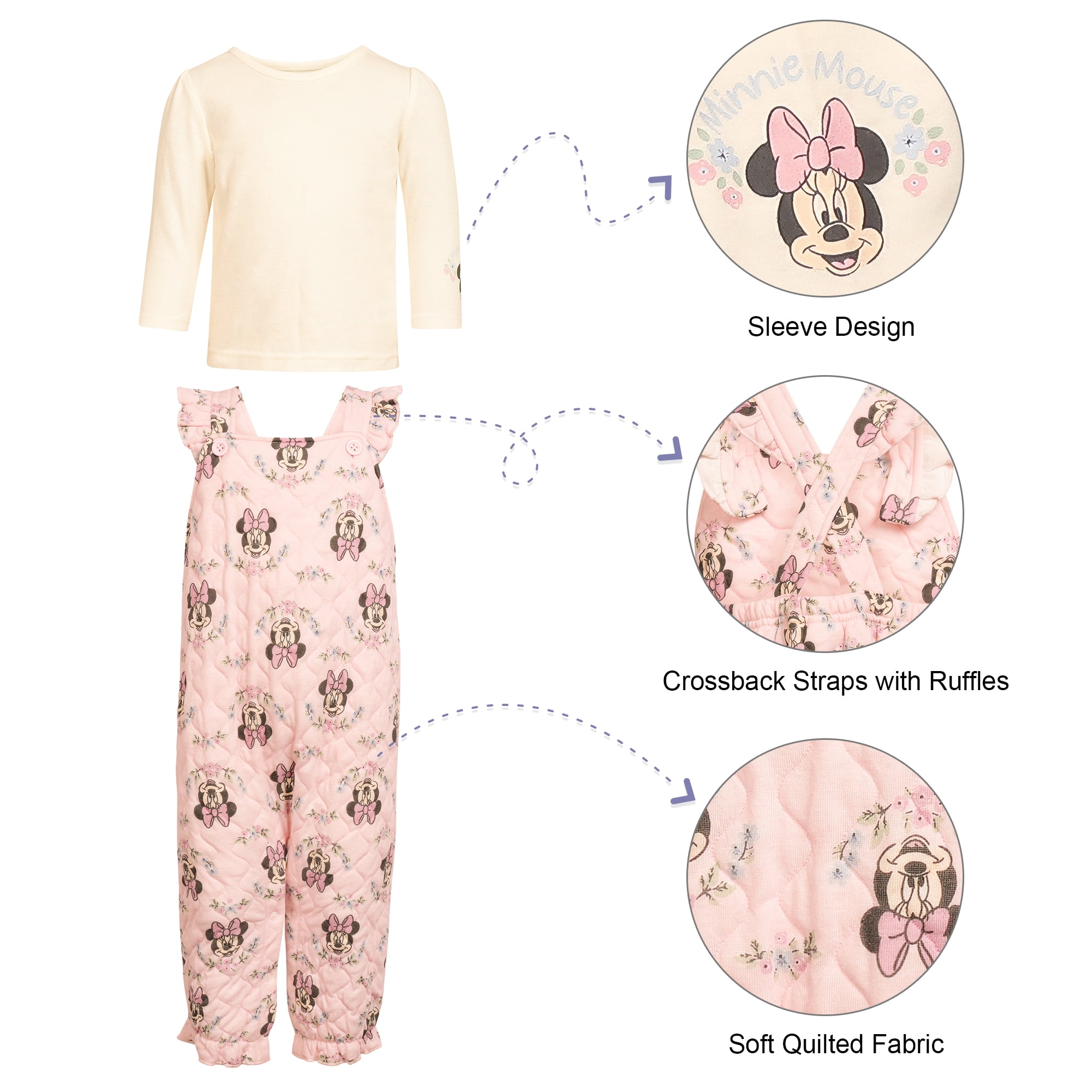 Disney Clothes Baby Girls 2-Piece Overall Set – Long Sleeve Top with Suspender Romper Minnie, Pooh, Bambi & Marie (Newborn–Infant)
