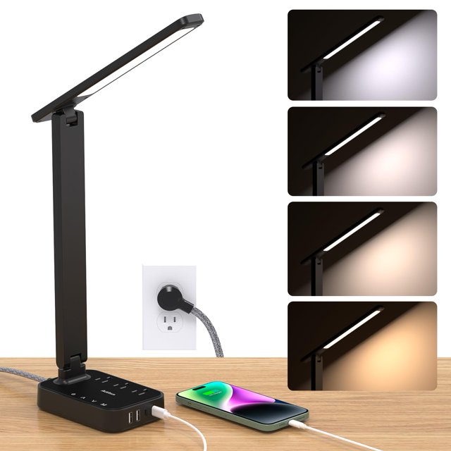 Lámpara LED de escritorio Addtam con regleta de alimentación, 3 salidas y 4 puertos USB