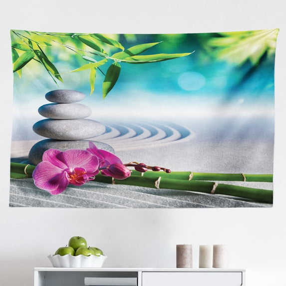 Spa Tapestry, Massage Theme Candles Orchids and Stones in Garden Japanese Oriental, Fabric Wall Hanging Decor for Bedroom Living Room Dorm, 2 Sizes, Pale Green Fuchsia, by Ambesonne