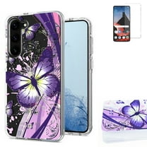 For Samsung Galaxy S24 FE Clear Dual-Layer Shockproof Case with Screen Protector (Purple-Butterfly / Tempered Glass)