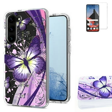 For Samsung Galaxy S24 FE Clear Dual-Layer Shockproof Case with Screen Protector (Purple-Butterfly / Tempered Glass)