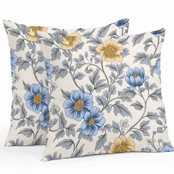 Blue Yellow Floral Outdoor Pillow Covers Pack of 2 Vintage Plant Abstract Art Leaf Flower Waterproof Throw Pillow Covers Decorative Cushion Cases for Patio Garden Tent Balcony Couch 26x26 inch