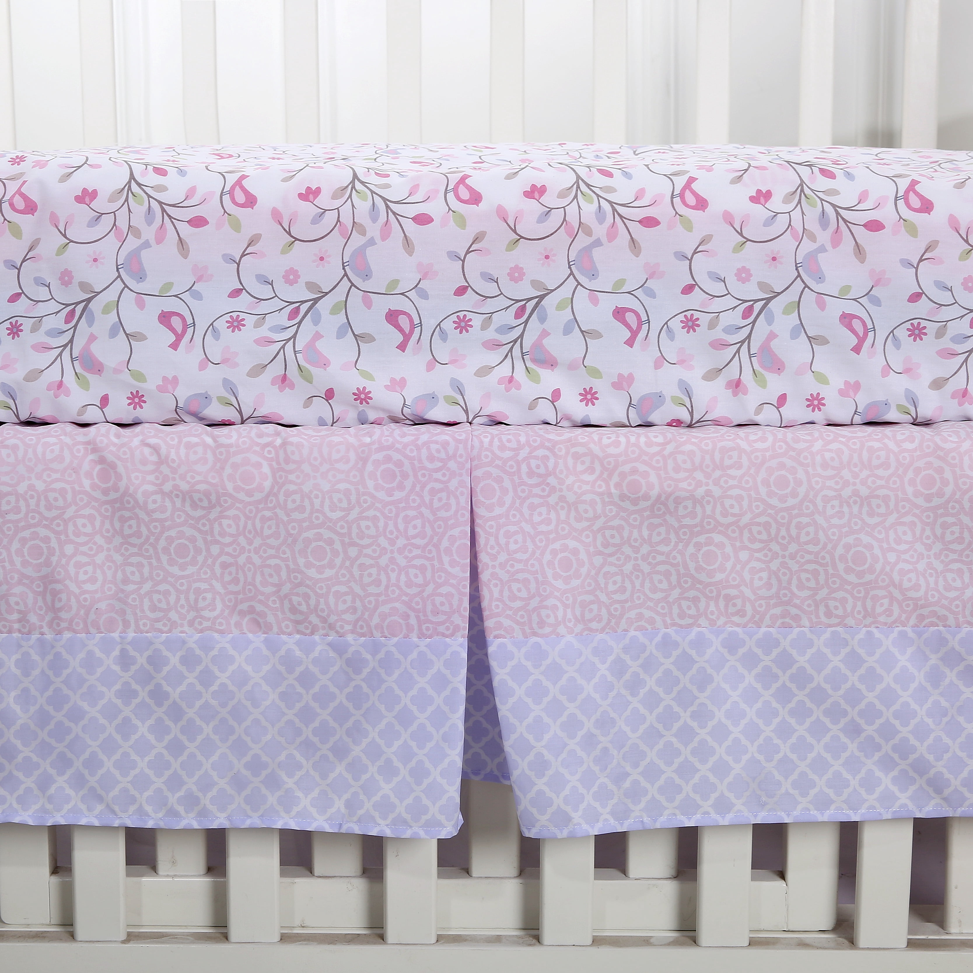 Sweet Baba Soft Cotton 3PC Crib Bedding Set, Pink Bird Crib Set for Baby Girls