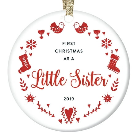 Little Sister Ornament 2019 Baby Girl's First Christmas Family Keepsake Gift X8Newborn Daughter Birth Shower Present from Big Brother Toddler Cute Red Folk Art Holiday Wreath 3