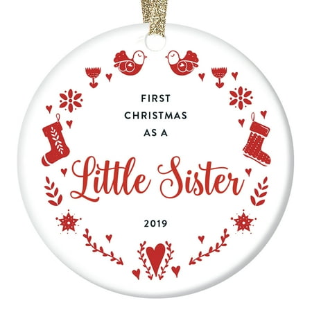 Little Sister Ornament 2019 Baby Girl's First Christmas Family Keepsake Gift X8Newborn Daughter Birth Shower Present from Big Brother Toddler Cute Red Folk Art Holiday Wreath 3