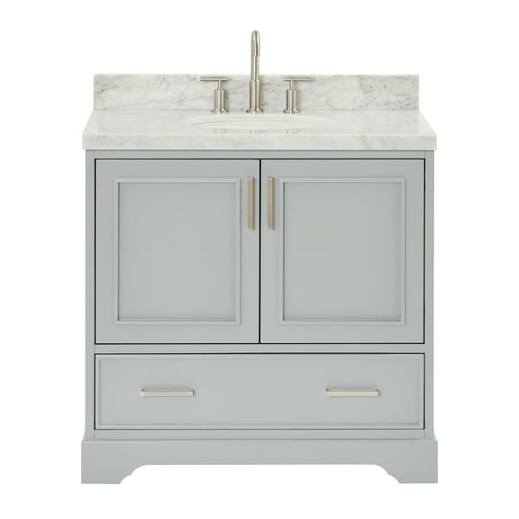 Ariel Stafford 37 Inch Single Oval Sink Vanity With Carrara White Marble Countertop W/1.5" Edge In Grey
