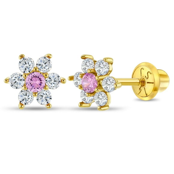 14k Yellow Gold Clear & Pink Cubic Zirconia Flower Screw Back Earrings for Girls