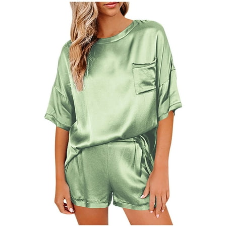 

Binmer Women Summer Pajama Suit Two Piece Silk Solid Sleepwear Nightwea Soft Casual Pajamas Sets