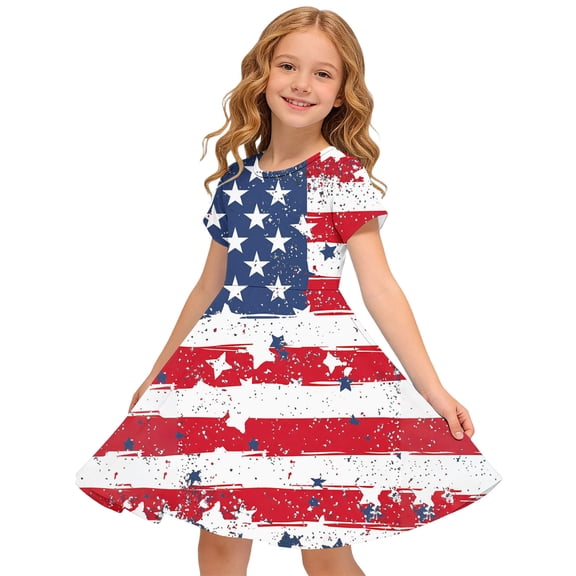 Amidoa Girl Dresses 4th of July Swing A-Line Short Sleeve Dress Casual Summer Sundress for Kids Multicolor Size 4T