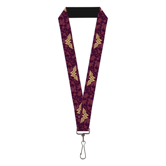 DC Comics Lanyard, Wonder Woman Logo Floral Collage Purple Pinks Gold, Elastic