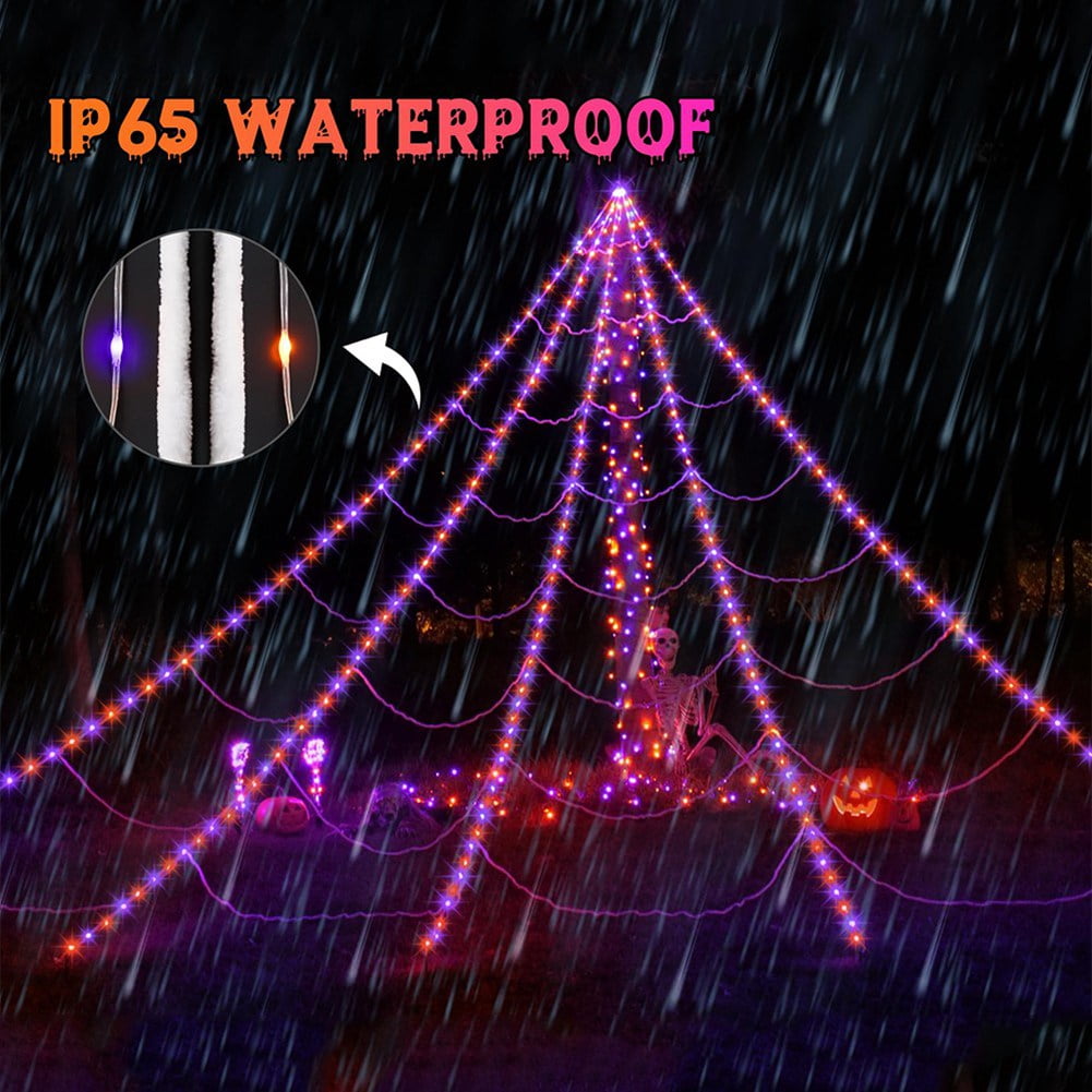 16.4*15.7Ft, Halloween Spider Web Lights 135 LED Lighted Spider Web Large Halloween Decorations Light up with 8 Lighting Modes & IP65 Waterproof &Timer for Outdoor Indoor Yard Haunted House Decor