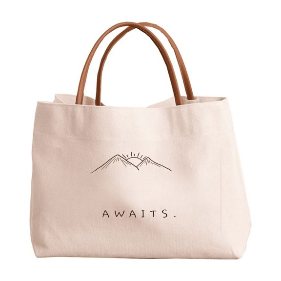 Canvas Tote Bag, Large Capacity Leather Handle Shoulder Handbag Shopping Grocery Storage Organizer Durable Fabric Eco Friendly Reusable Purse Fashionable