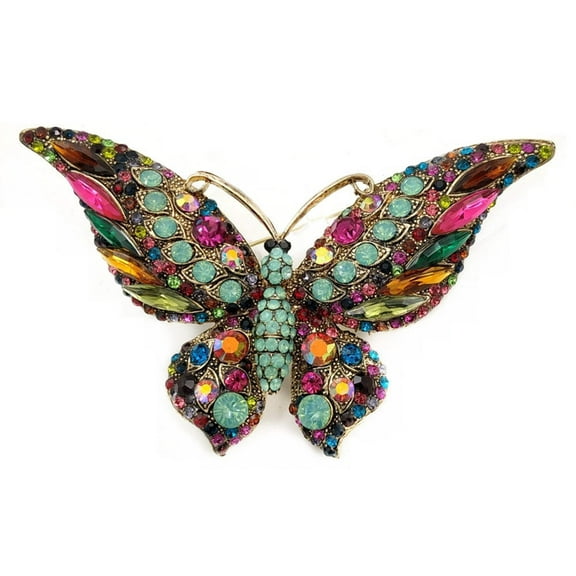 Jewelblings Vintage Art Deco Multicolored Crystal Statement Large Butterfly Brooch Gold Tone Teal Green Accent Color Wing Big Butterfly Pins
