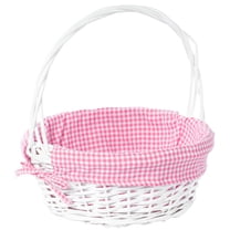 White Round Willow Gift Basket, with Blue and White Gingham Liner and Handles