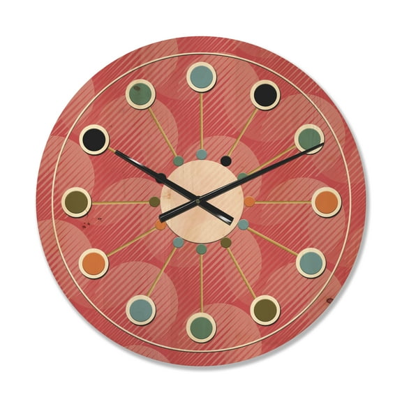 Designart 'Red Round Geometrical ' Mid-Century Modern Wood Wall Clock