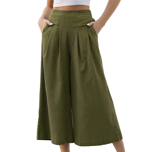 Pantalones sueltos para mujer, pantalones casuales con piernas anchas, cintura plisada, pantalones tobilleros con bolsillos para mujer OD Green XL