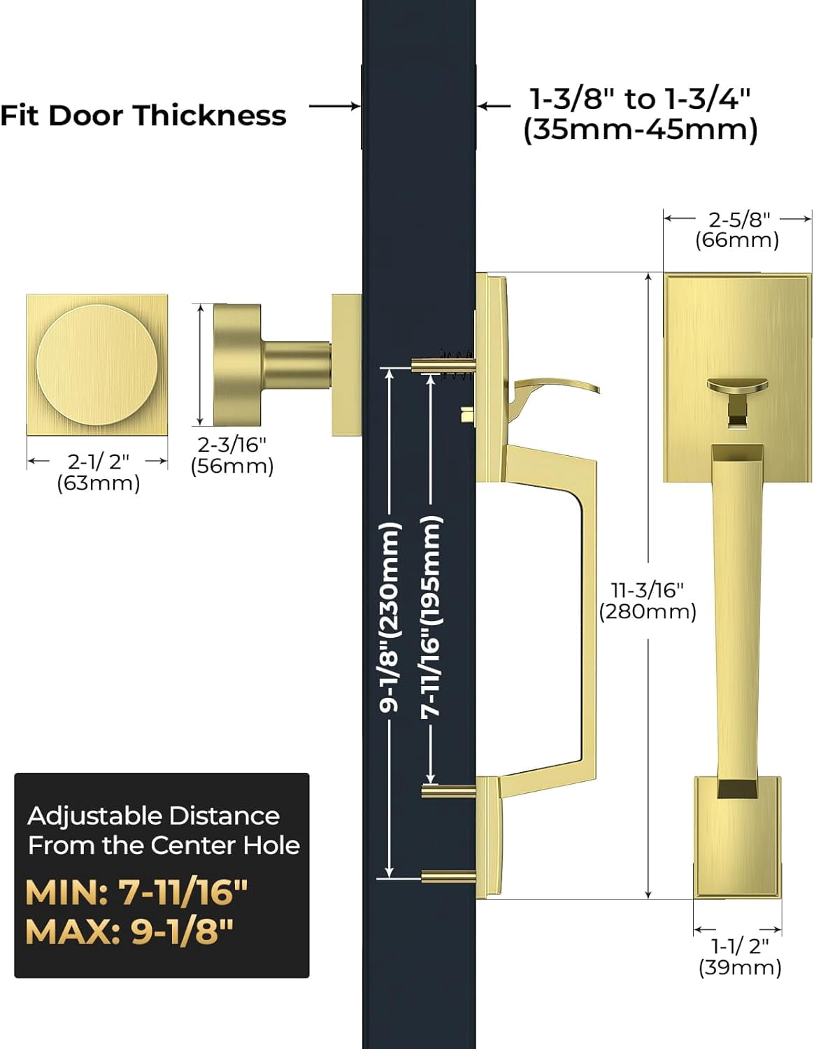 Klamerit Front Door Handle No Lock, Gold Front Door Lock Set with Modern Knob, Adjustable Exterior Entry Handleset, Lower Half Grip