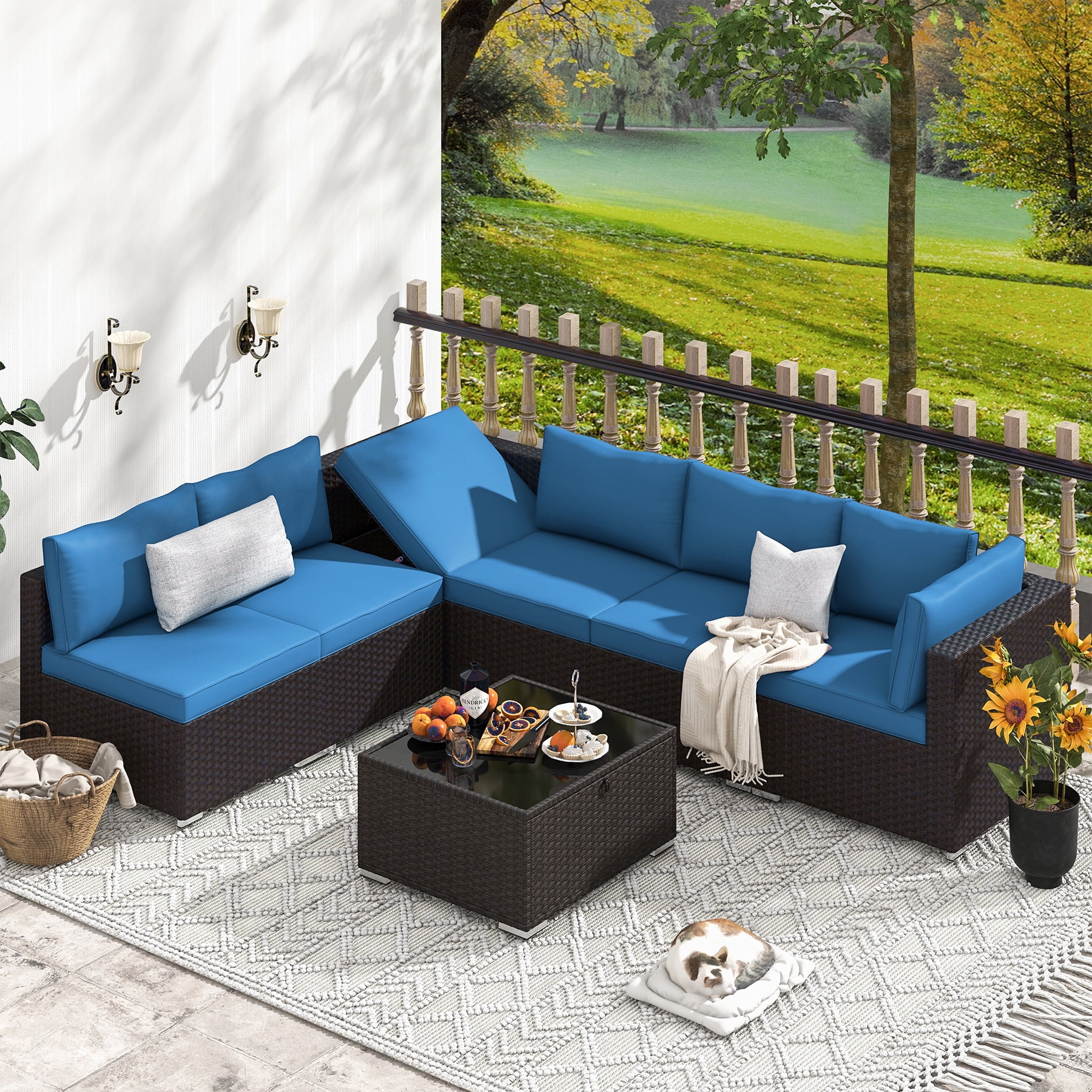 HOMREST 7-Piece Rattan Wicker Outdoor Sectionals with Adjustable Bracket, Blue