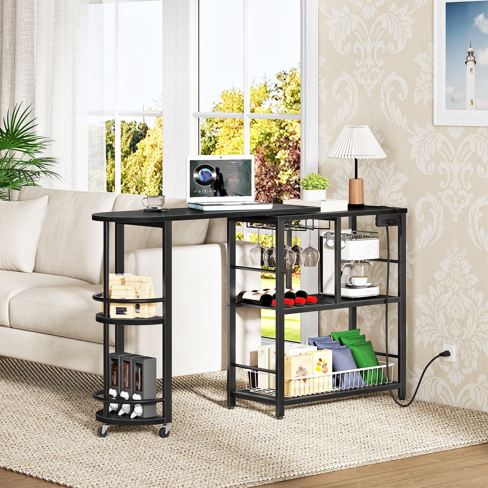 HOOBRO Adjustable Length and Charging Station L-Shaped Pub Tables, Black