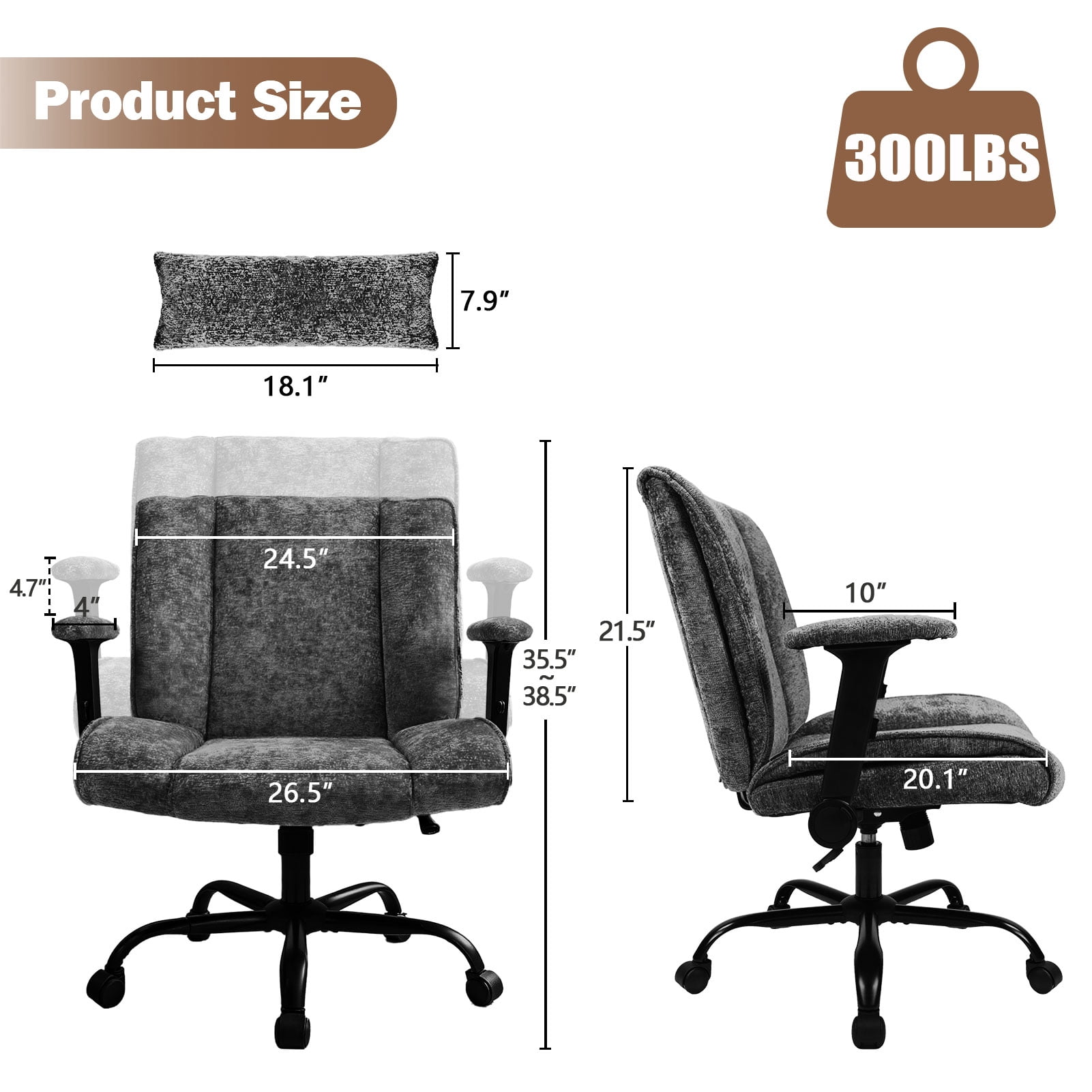 zzw Chenille Home Office Criss Cross Chair with Flip Arms, Lumbar Support and Wheels, Black