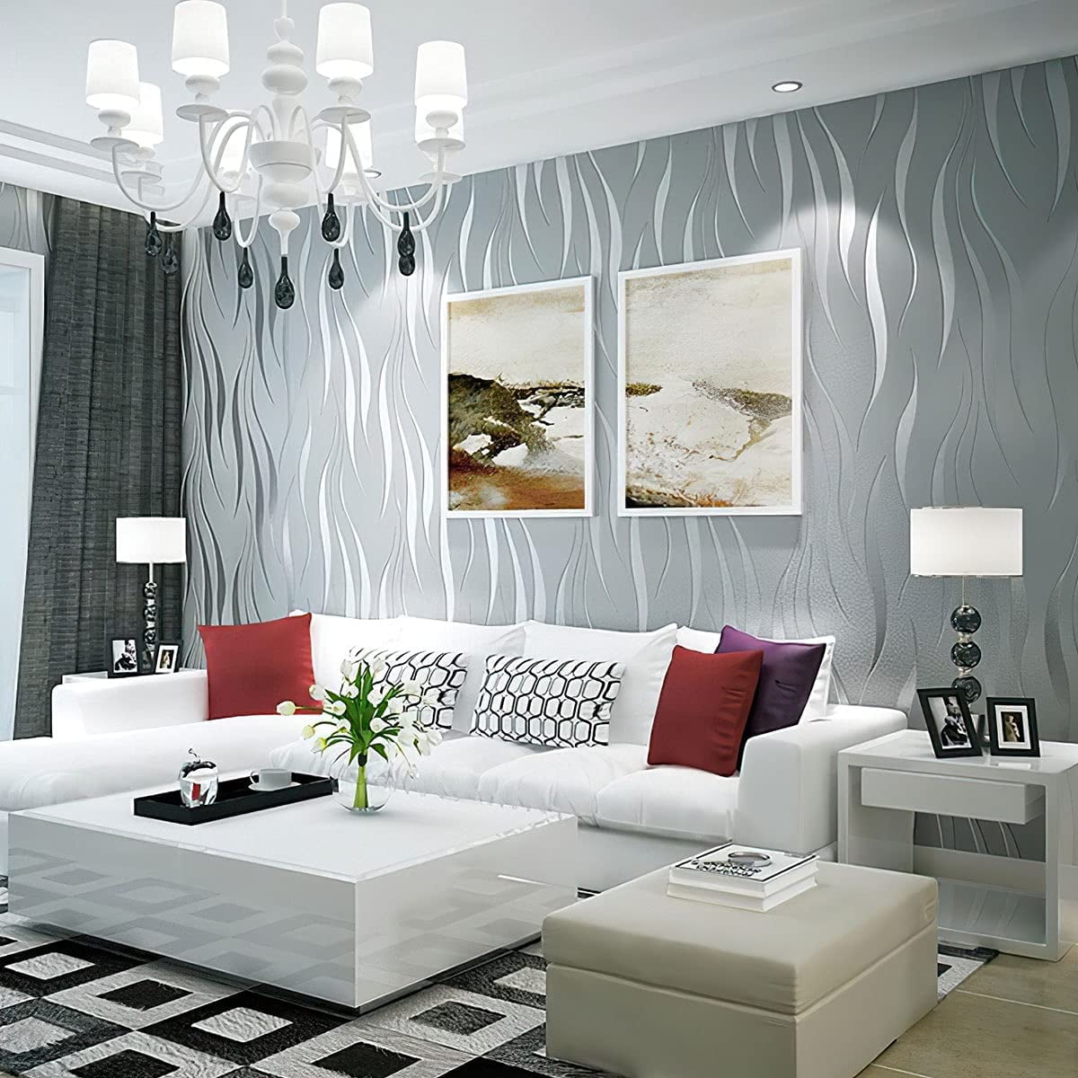 BSHAPPLUS Textured Non-Woven 3D Wallpaper, 20.8in x 32.8ft Wave Stripe Embossed Pattern Wall Sticker for Bedroom Living Room Bathroom,57 sq. ft. (Glue is required for installation)