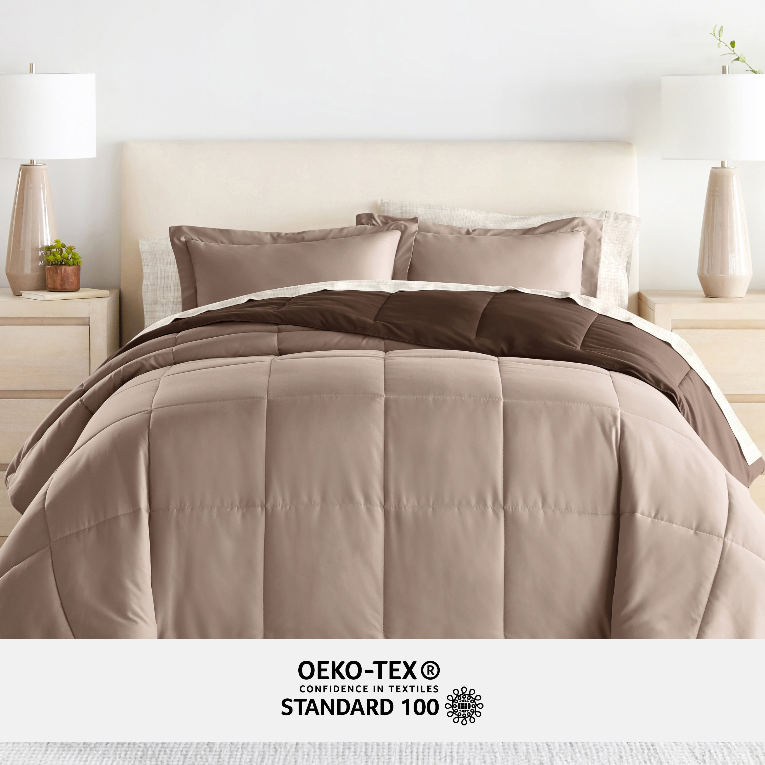 Noble Linens 7 Piece Bedding Bundle, Reversible Comforter and Patterned Sheet Set, Full