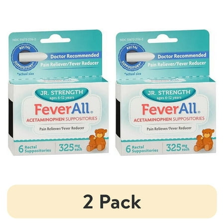 (2 pack) Feverall Children Acetaminophen Suppositories 6 Rectal Suppositories 325mg Each Pain Reliever/Fever Reducer. Paraben Free, No Artificial Colors or Other preservatives. Ages 6-12 Years