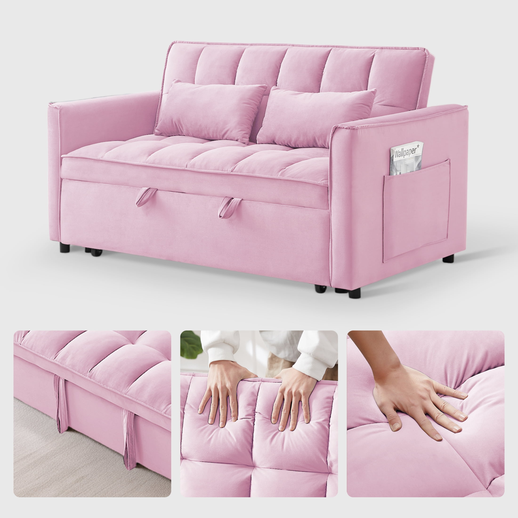 Vinform 55" 3 in 1 Convertible Sleeper Sofa Bed, Pull Out Loveseat Couch with Storage Pocket, Pink