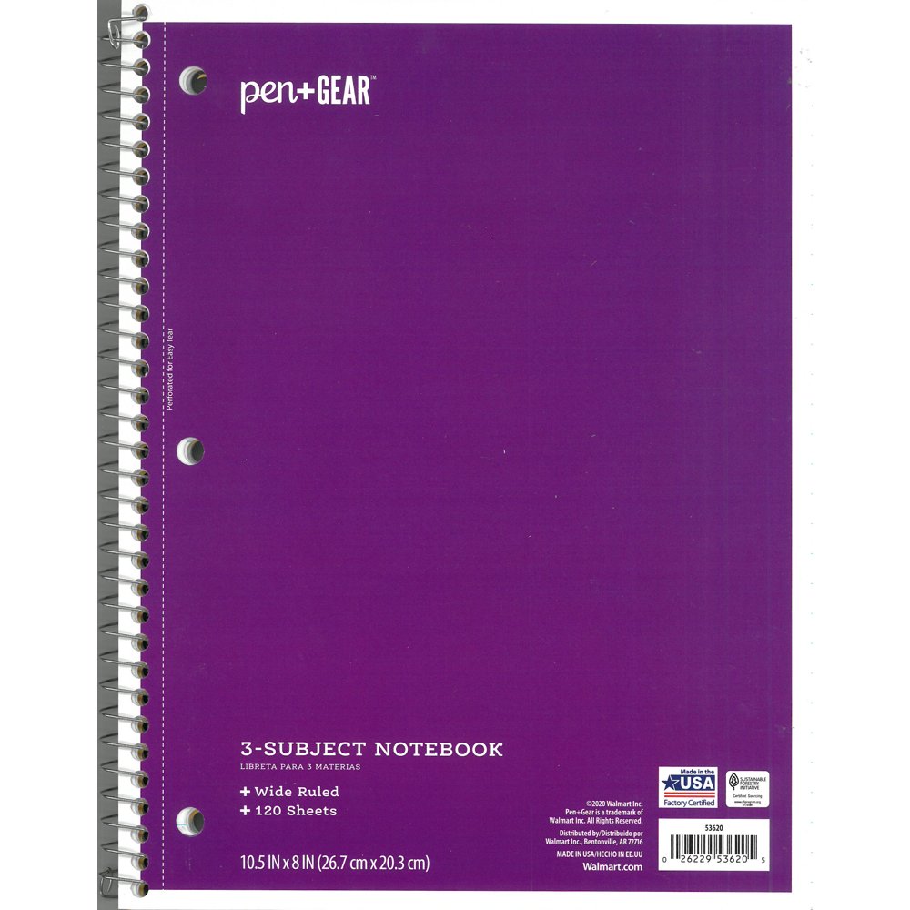 Pen+Gear 3Subject Spiral Notebook, Wide Ruled, 120 Pages, Purple