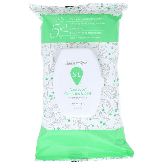 Summer's Eve Aloe Love Cleansing Cloths for Sensitive Skin, 32 Count Pack of 2