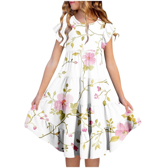 JUSLIO Dresses for Girls Patchwork Dresses with Pockets Crew Neck Short Sleeve Casual Dress Size 6-7 Y