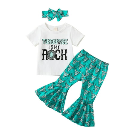 

Rovga Outfits For Girls Toddler Short Sleeve Cartoon Cow Printed T Shirt Pullover Tops Bell Bottoms Pants Headbands Kids Outfits For 3-4 Years