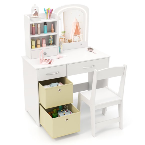 Patiojoy Coiffeuse pour Enfants Princesse Table de Maquillage et Chaise avec Miroir Lumières DEL Bicolores Blanc