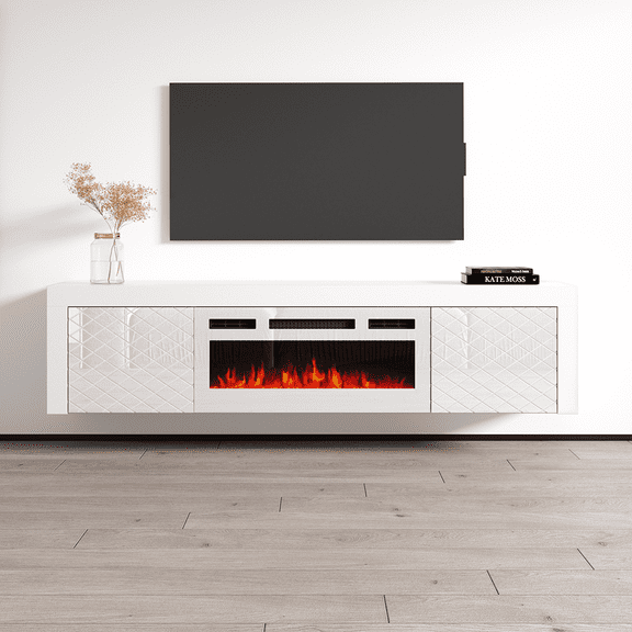 Dia WH-EF Floating Fireplace TV Stand for TVs up to 80", Modern High Gloss 71" Entertainment Center, Wall Mounted Electric Fireplace TV Media Console with Storage Cabinets