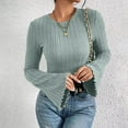 thumbnail image 4 of Lenpel Women's T-Shirts Bell Long Sleeve Crew Neck Ruffle Trim Slim Ribbed Knit Tops Brushed Fleece Tee Blouses(Mint Green,Small), 4 of 7