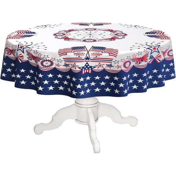 4th of July Tablecloth American Flag and Star Table Cloths 60x60 Inch, Red, White and Blue Patriotic Tablecloths for Dining, Kitchen, Picnic and Patio-Round