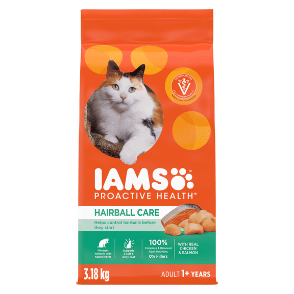 IAMS PROACTIVE HEALTH Hairball Care Adult Dry Cat Food with Chicken & Salmon, 3.18kg Bag