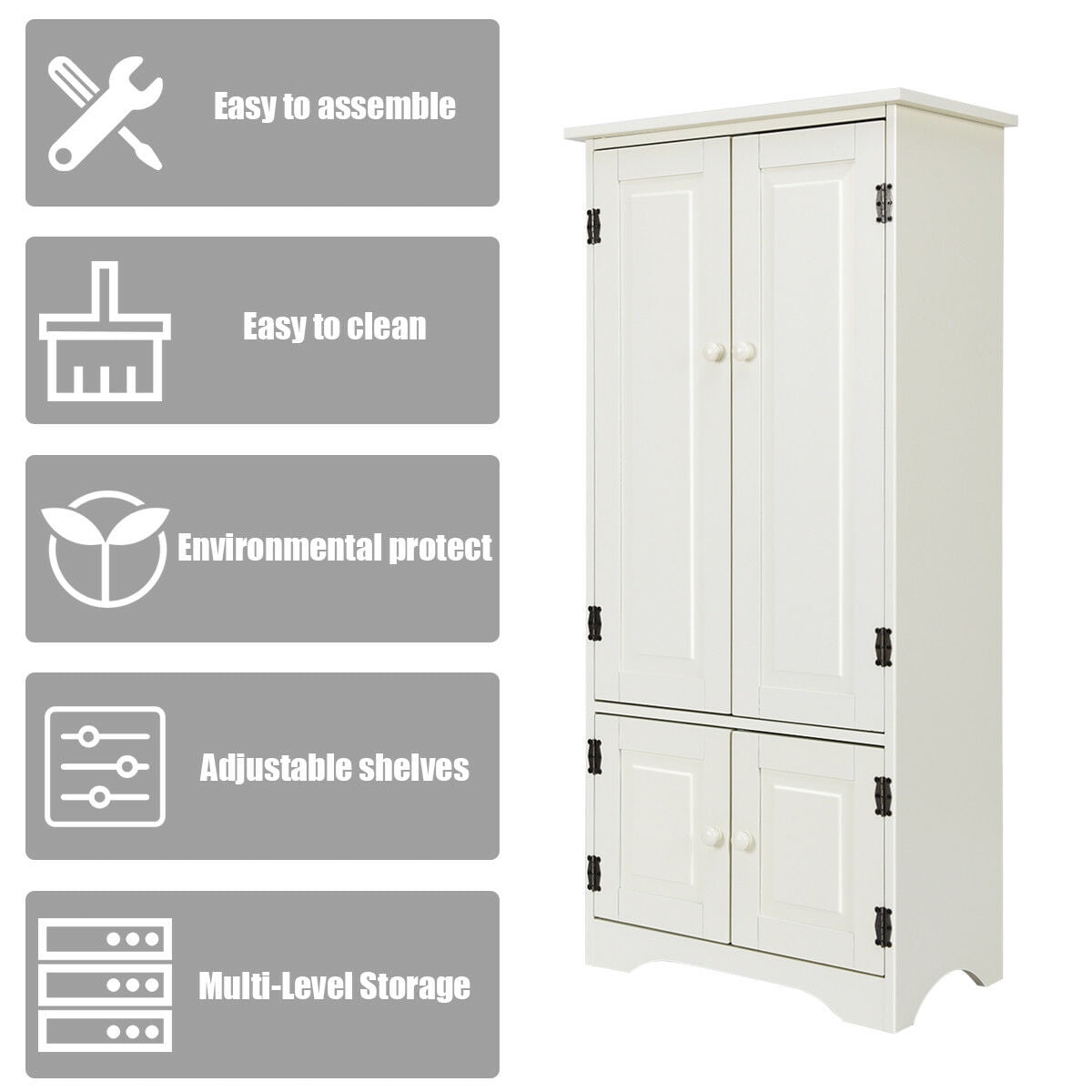 Costway Accent Storage Cabinet Adjustable Shelves Antique 2 Door Floor Cabinet White