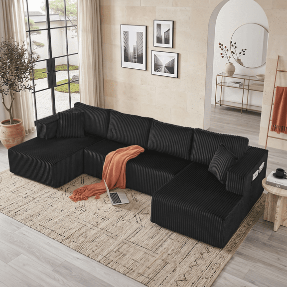 132" Cloud Couch Modular Sectional Sofa, U Shaped Sleeper Sofa Bed, Oversized Chaise, Reversible Corduroy Modular Couch for Living Room, Apartment, No Assembly (Black)