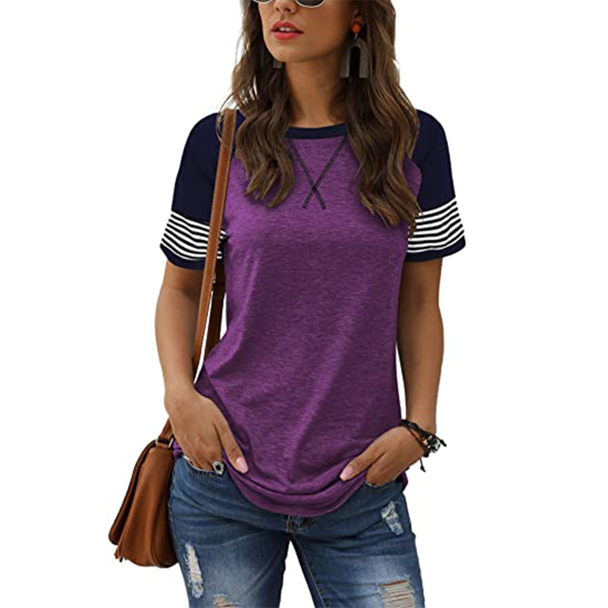 TEMOFON Women's Short Sleeve Tops Leopard Color Block T Shirt Casual ...