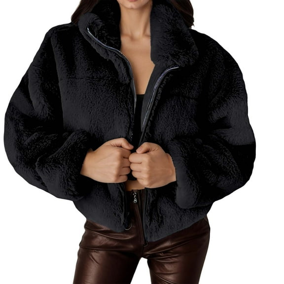 DHFJKG Winter Coats For Women Crop Top Fluffy Solid Color Long Sleeve Stand Collar Zip Up Jacket Outwear Versatile Outerwear