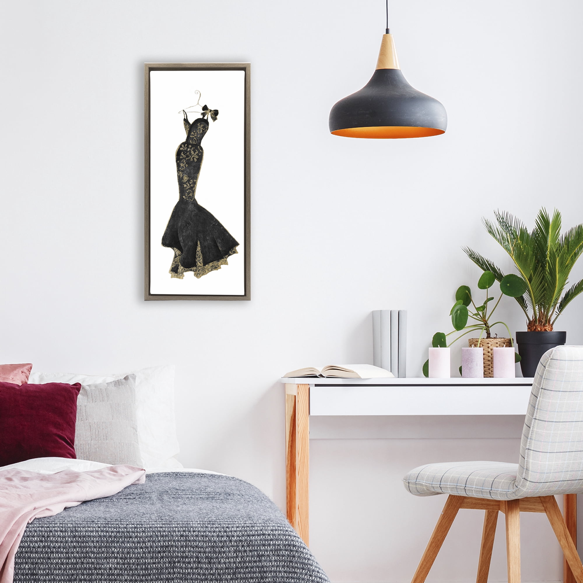 Stupell Industries Brocade Black Evening Gown Brown Framed Floater Canvas Wall Art, design by Janet Tava