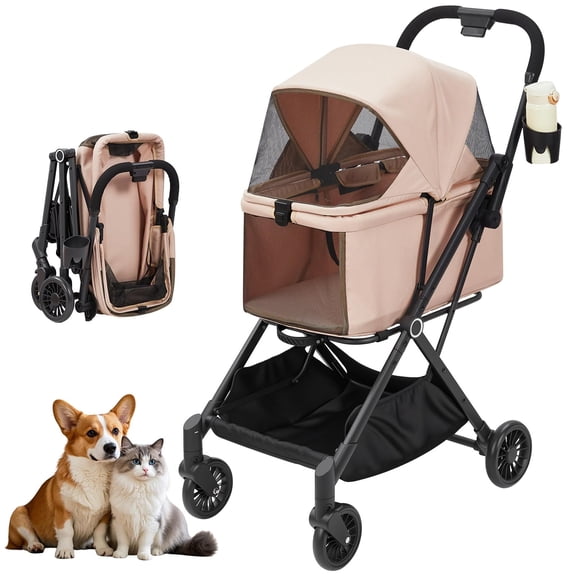 4 Wheels Folding Dog Stroller for Small Medium Dogs Up to 100Lbs, Detachable Breathable Pet Travel Carrier with Storage Basket for 2 Dogs/Cats
