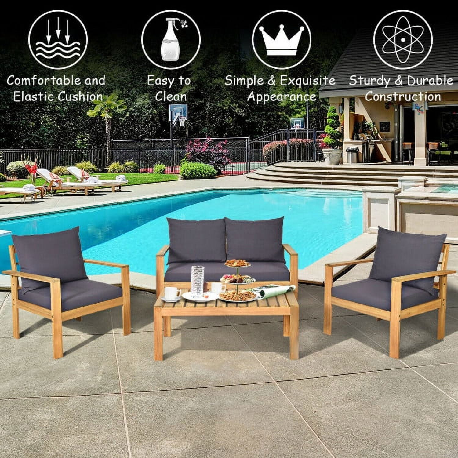 Aimee Lii 4 Pieces Patio Solid Wood Furniture Set, Wood Outdoor Furniture, Gray Aimee Lii 4 Pieces Patio Solid Wood Furniture Set, Wood Outdoor Furniture, Gray