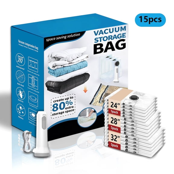Saisi 15‑Pack Vacuum Storage Bags w/Electric Pump, Reusable Space Saver Compression Bags for Clothes Bedding Comforters