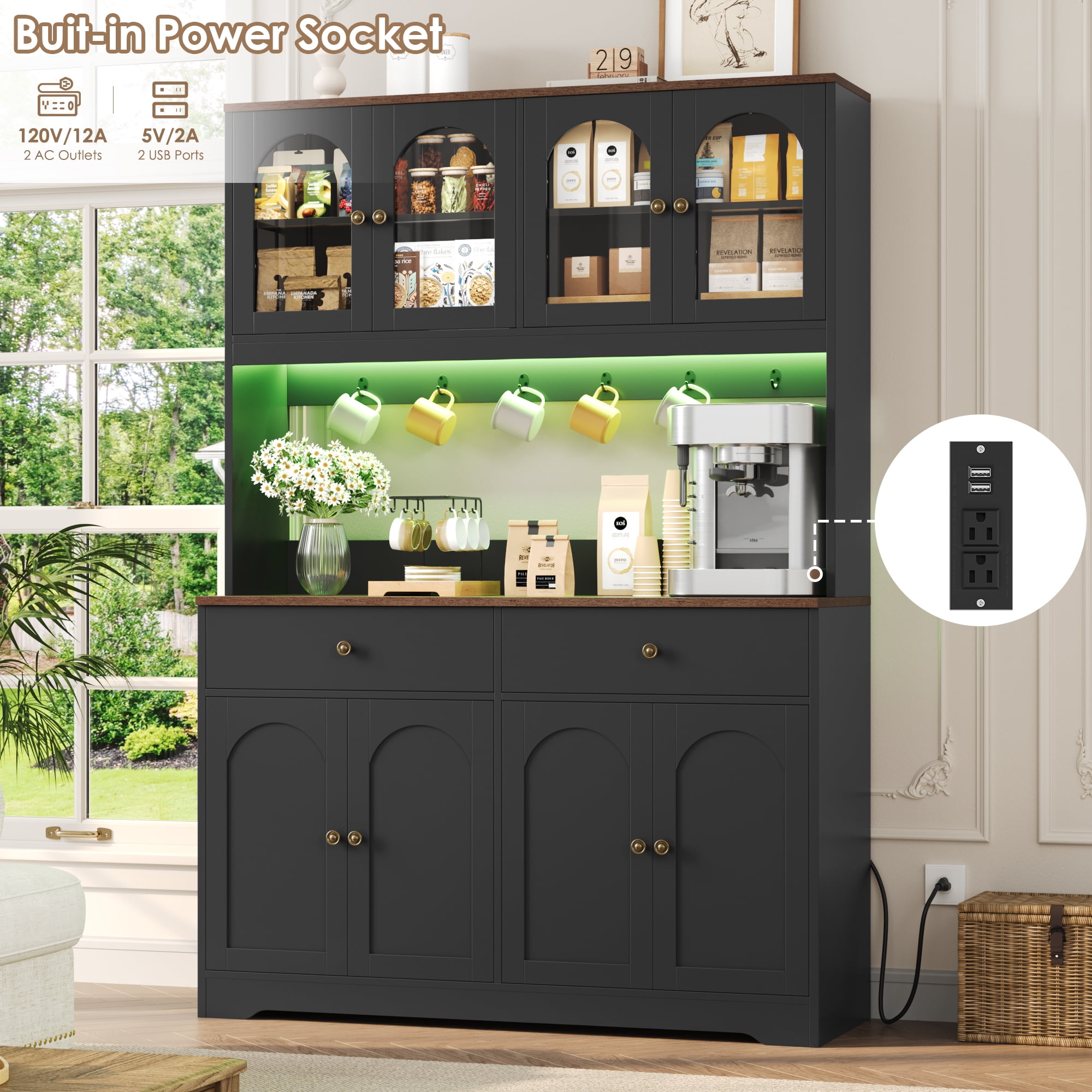 Homfa 71" Kitchen Pantry with LED Lights and Charging Station, Freestanding Kitchen Cupboard with Storage and Microwave Stand, Floor Cabinet for Dining Living Room, Black