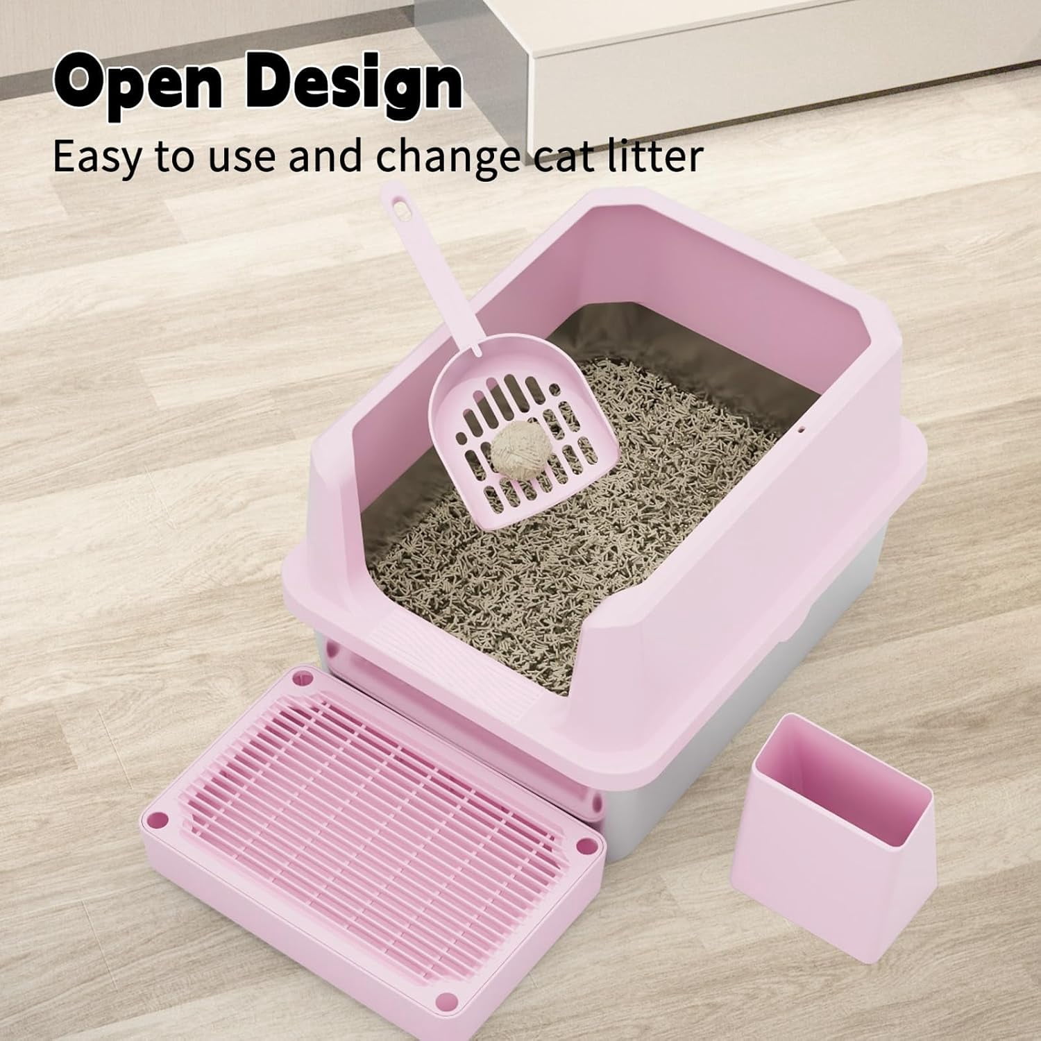 Cat Litter Box: Pink Stainless Steel Odor Control Pan - Easy Clean Non-Porous - 11.6" High Sides Anti-Scatter - Open Top for Fast Scooping - with Scoop - Apartment Bathroom/Laundry Room